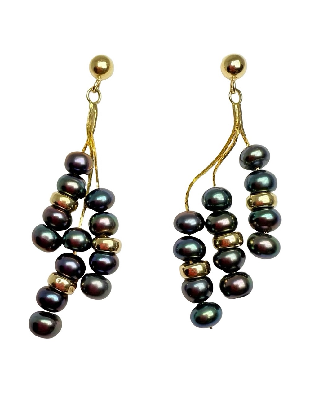 Gold & Black Pearl Cluster Drop Earrings - Elegant Women's Jewelry - Picture 7 of 16